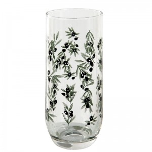 Sklenený pohár v transparentnom prevedení s dekorom čiernych olív s listami 6 x 14 cm / 280 ml Clayre & Eef 41367