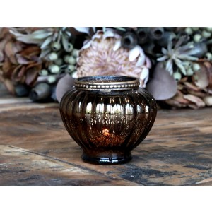 Sklenený svietnik  na čajovú sviečku v antickej mocca farbe s kovovým perleťovým lemom 9,5 x 9 cm Chic Antique 36726