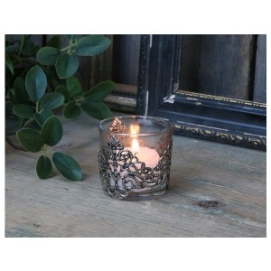 Sklenený svietnik na čajovú sviečku v kovovom dekore Chic Antique 34823