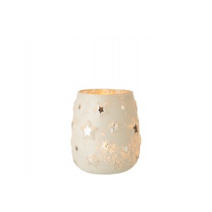 Sklenený svietnik v bielom farebnom prevedení na čajovú sviečku s hviezdičkovým dekorovaním 12,5 x 12,5 x 14,5 cm Jolipa 39222