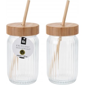 Sklenený transparetný pohár s bambusovým viečkom a bambusovou slamkou 500 ml 36411