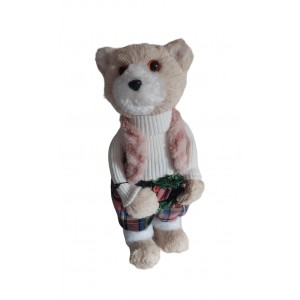 Slamený stojaci medvedík v zimnom bielom svetríku s huňatou ružovou kožušinkou a venčekom v rukách 16 x 13 x 38 cm 39082