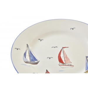 Tanier z porcelánu dezertný v bielom farebnom prevedení s modrým okrajom a motívom lodí o priemere 19 cm 37978