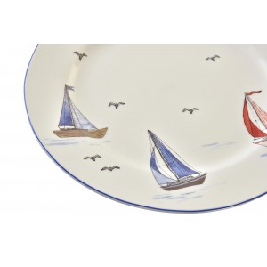 Tanier z porcelánu plytký v bielom farebnom prevedení s modrým okrajom a motívom lodí o priemere 27 cm 37976