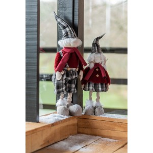 Textilná vianočná dekorácia stojacej postavičky Santa Clausa alebo Pani Clausovej v károvanom oblečení so šálom 21,5 x 16 x 48,5 cm Jolipa 42351