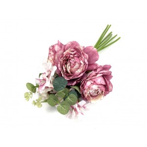 Umelá dekorácia kytice pivoniek v bielo-ružovom farebnom prevedení so zelenými lístkami 38 cm 42771