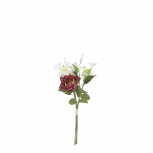 Umelá dekorácia kytice ruže a malých kvietkov v červeno-bielom farebnom prevedení s lístkami 40 x 20 x 8 cm 40399