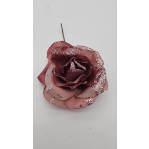 Umelá dekorácia staroružovej ruže s ružovými trblietkami na stonke 15 cm 41770