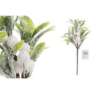 Umelá zimná dekorácia vetvičky s bielymi hlohmi so zasneženým efektom a zelenými listami 30 cm 38674