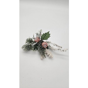 Umelá zimná vetvička v zeleno-bielom farebnom prevedení s ružovými guličkami 24 cm 41771 