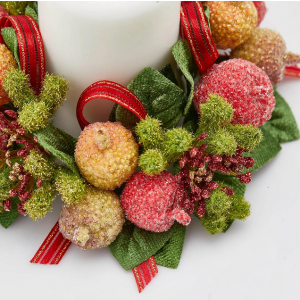 Umelý veniec v krásnych žiarivých farbách s rôznymi plodmi a červenou stuhou 15 cm EDG 42062