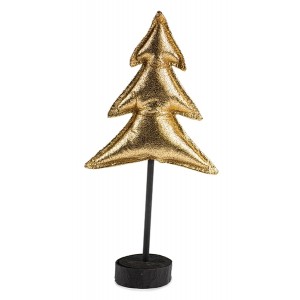 Vianočná dekorácia ako zlatý textilný vianočný stromček na drevenom podstavci 42 cm 35837