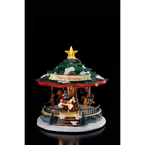Vianočná dekorácia plastovej scénky kolotoču s koníkmi a LED osvetlením 25 x 24,5 x 26cm 41901