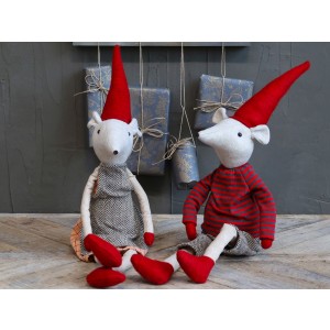 Vianočná dekorácia sediacej textilnej myšky - chlapec alebo dievča s červenou čiapkou 60 cm 39149