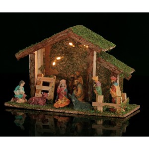 Vianočná dreveno-keramická dekorácia Betlehemu porasteného machom s LED svetielkami 32 x 13 x 21 cm 41830