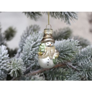 Vianočná sklenená závesná dekorácia - snehuliak so zlatými ornamentmi 6 cm Chic Antique 39877
