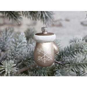 Vianočná sklenená závesná dekorácia - zimná rukavica v starožitnej mocca farbe s bielym ornamentmi 6,5 cm Chic Antique 39876
