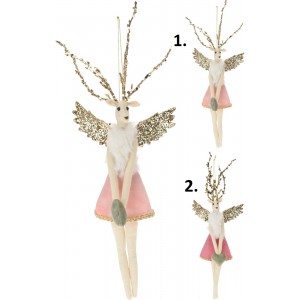 Vianočná textilná závesná dekorácia ako broskyňový alebo ružový jelenček so zlatými parohami a zlatými krídlami v dvoch variantoch 35 cm 35796